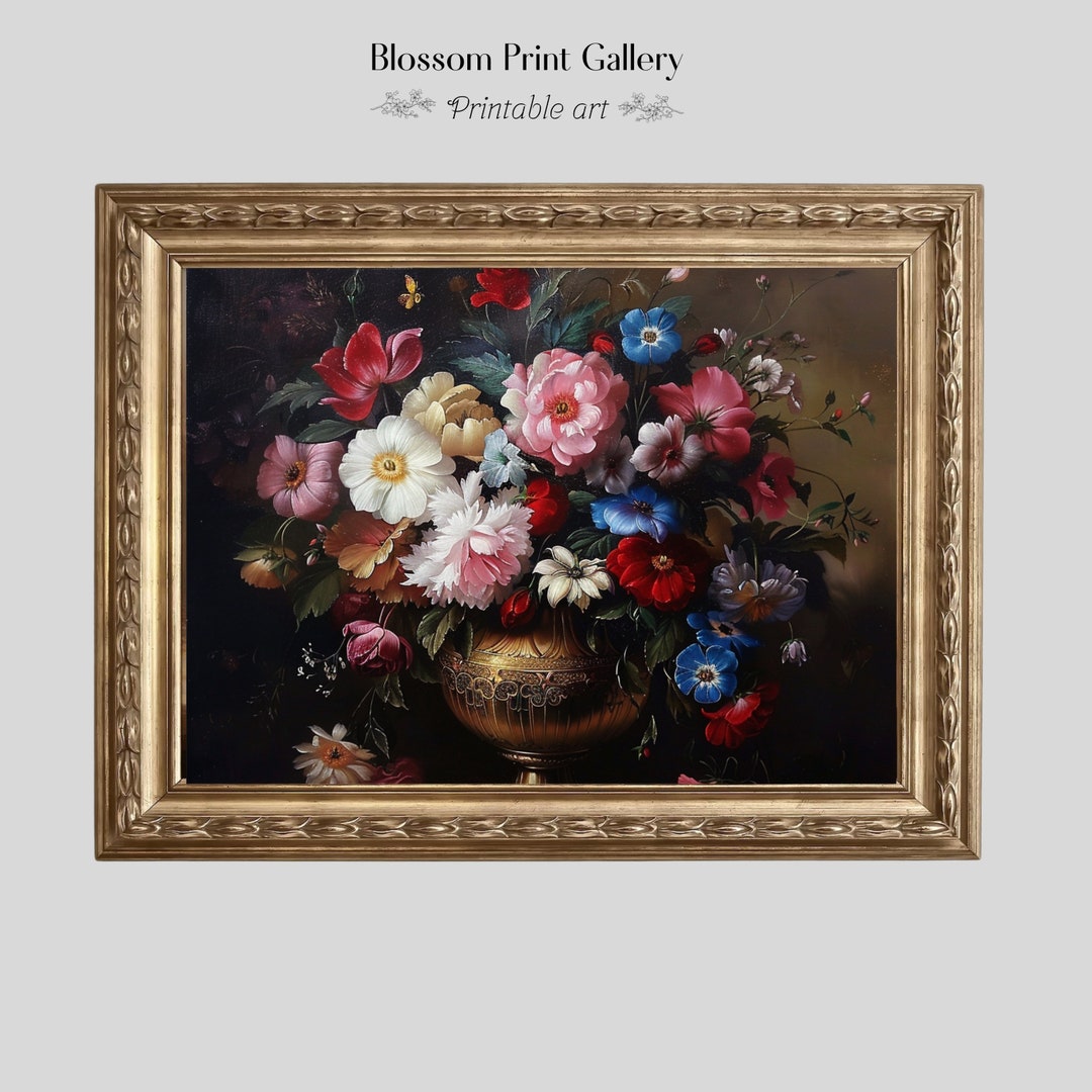 Moody Flower Oil Painting Antique Still Life Art Print Farmhouse Decor ...