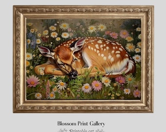 May include: A painting of a fawn sleeping in a field of white and pink flowers. The fawn is brown with white spots and has its eyes closed. The flowers are in bloom and the background is a soft green.
