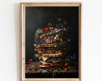 Vintage keuken Home Decor humeurige sandwich olieverfschilderij, Country Cottagecore-kunst, donkere grillige wilde bloemen stilleven AFDRUKBAAR 1072