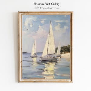 Vintage Sailboat Painting Print, Nautical Wall Art, summer Beach House Decor, Ocean Print, Nautical Art, Antique Lake House Seascape 983