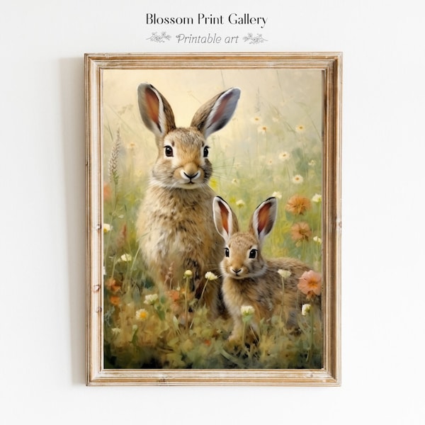 Rabbit Painting Rustic hare Art Nursery decor Vintage Easter Spring Countryside Art Antique Printable Bunny Animal Mommy and Me Digital 435