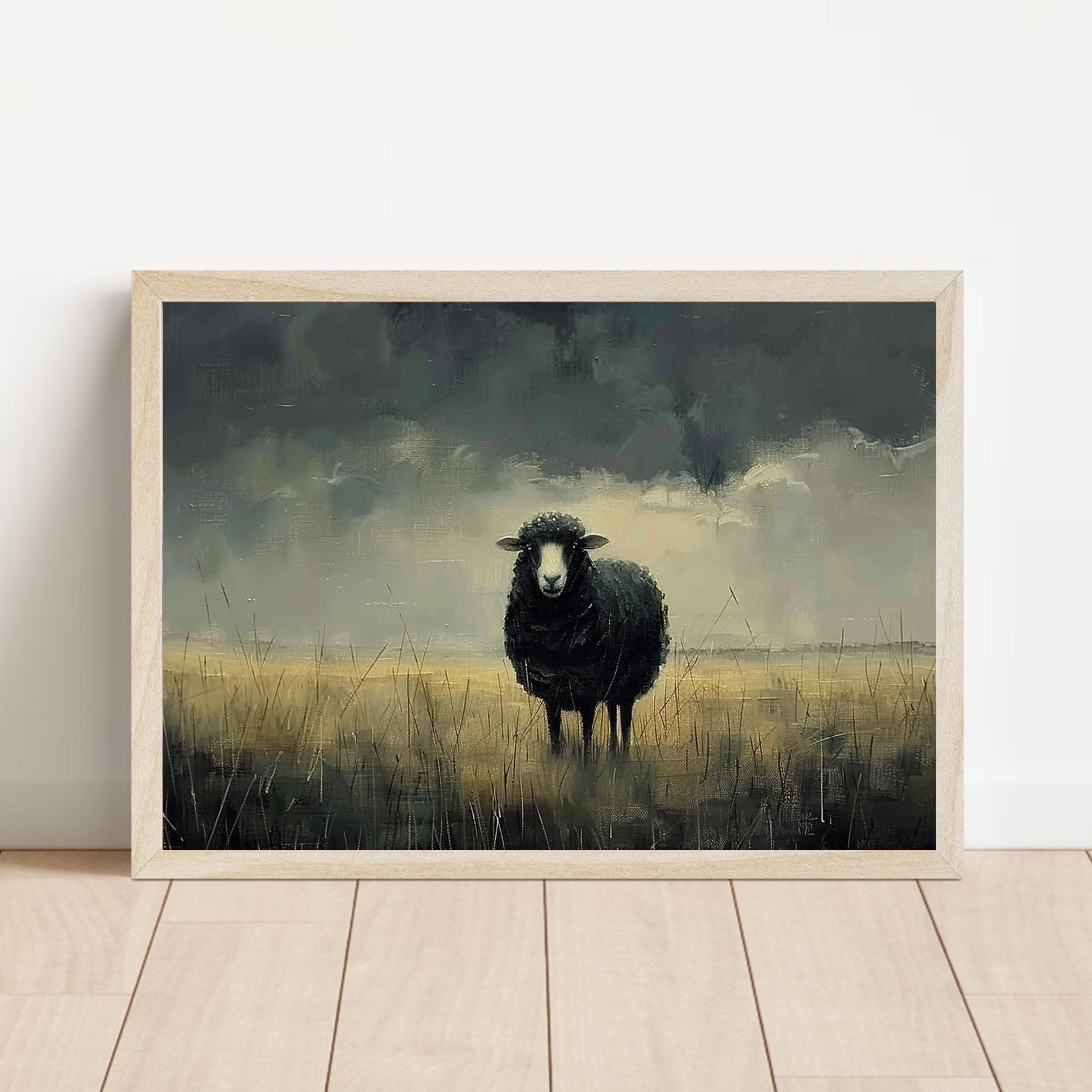 ヴィンテージ羊の絵画、黒い羊、田舎のアート、田園風装飾、素朴な
