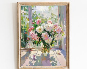 Floral Still Life Oil Painting, Rustic Farmhouse Print (Digital Download)