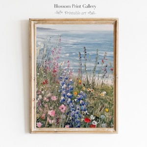 Coastal Wildflower Field Painting: Vintage Beach Print (Digital Download)