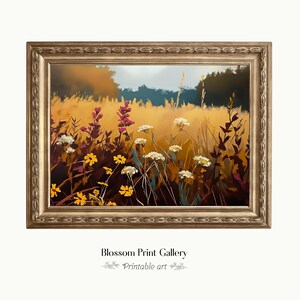 Printable Wildflower Field Landscape Oil Painting, Rustic Landscape art,Country Field wall art, Wildflower Vintage Landscape Art Print 773
