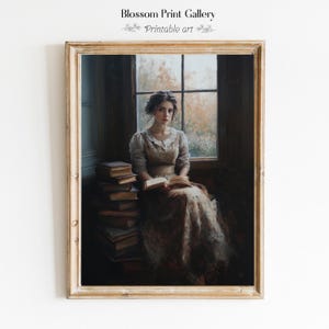 Victorian Woman Reading Bookish Print, Library Print, dark Bookish Wall Art, Reading Nook Painting, Book Lover Gift, Moody Reading art 997