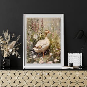 May include: A white duck standing in a field of wildflowers. The duck has a long neck and a yellow beak. The flowers are in shades of pink, purple, and white.