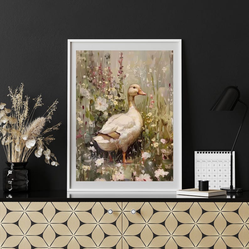 May include: A white duck standing in a field of wildflowers. The duck has a long neck and a yellow beak. The flowers are in shades of pink, purple, and white.