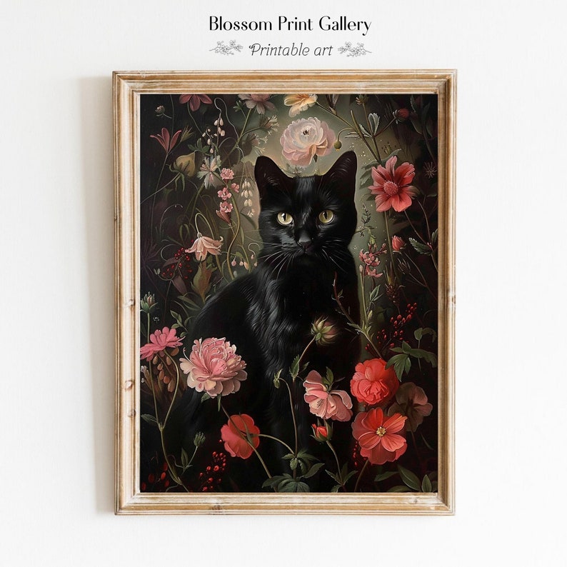 May include: A black cat with green eyes sits in a lush garden of pink and red flowers. The cat is surrounded by greenery and has a mysterious and elegant air.