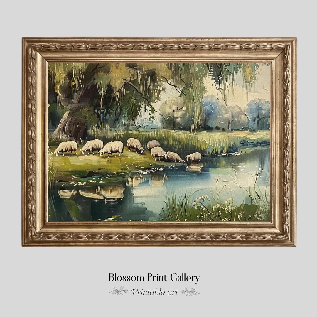 Vintage Sheep Oil Painting | Farmhouse Pastoral Landscape (digital ...