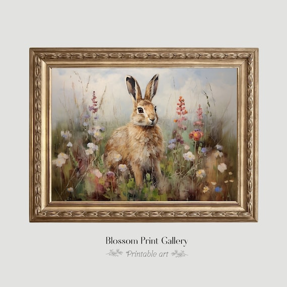 Vintage Rabbit Painting Rustic hare Art Nursery Wall decor Spring Countryside Art Antique Printable Bunny Animal farmhouse Digital 330