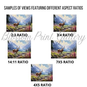 May include: An image showcasing landscape art prints with different aspect ratios. Each print features a majestic elk in a mountain scene with a river and colorful flowers. The text "Blossom Print Gallery" is also visible.
