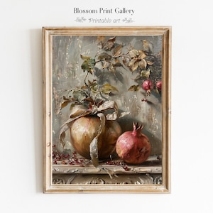 Moody Pomegranate Painting Vintage Fruit Still Life Kitchen Home Decor Antique Oil Painting Country Kitchen Wall Art PRINTABLE Digital 521
