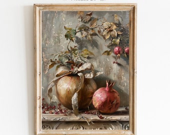 Moody Pomegranate Painting Vintage Fruit Still Life Kitchen Home Decor Antique Oil Painting Country Kitchen Wall Art PRINTABLE Digital 521
