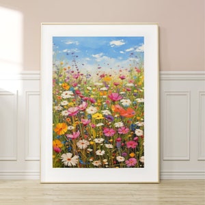 Summer Wildflower Field Landscape watercolor Painting, Vintage Landscape Art Print, Colorful Country Field Wall Art Digital Download