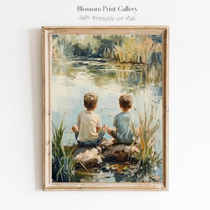 Brothers by the Lakeside Printable, tranquil Pond print, Vintage Boys Room Art, Kids Room decor, brothers Nursery wall art, farmhouse 1065