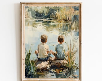 Lámina imprimible "Hermanos junto al lago", lámina de un estanque tranquilo, arte vintage para habitación de niños, decoración de habitación infantil, arte de pared para guardería de hermanos, estilo granja 1065