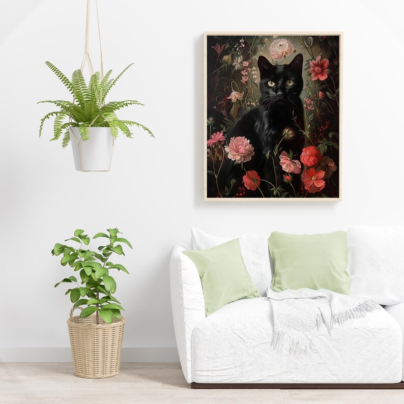 May include: A black cat sits in a lush garden setting, surrounded by vibrant pink and red flowers. The cat's piercing yellow eyes and sleek black fur stand out against the colorful floral backdrop.