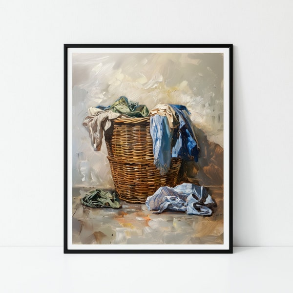 Laundry Room Oil Painting Rustic Home Decor Vintage Laundry Basket wall art Farmhouse decor Cottagecore art Still Life PRINTABLE 557