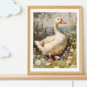 May include: A white duck with a yellow beak stands in a field of white flowers. The duck is facing the right side of the image. The background is a blurred image of green trees and a blue sky.