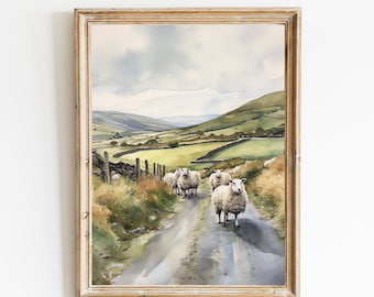 Pintura de paisaje irlandés en acuarela / Arte de granja con ovejas (Descarga digital)