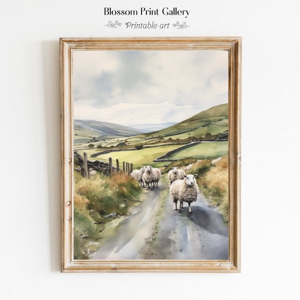 Sheep Painting Vintage Irish Landscape watercolor Painting Farmhouse Wall Art Neutral Nursery decor Countryside Digital Download 423