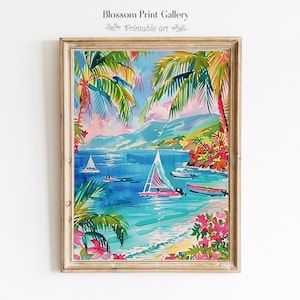 Tropical Beach wall Art pink beach Painting Romantic Summer Beach house Decor Tropical Print Coastal Wall Decor Palm Tree Printable 637