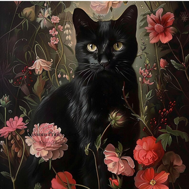 May include: A black cat with green eyes sits in a field of pink and red flowers. The cat is surrounded by lush green foliage.