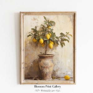 Pintura de limonero en jarrón antiguo, arte de naturaleza muerta, decoración del hogar, pintura al óleo, arte botánico vintage, arte de pared neutro, IMPRIMIBLE 323