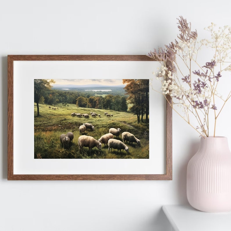 Vintage Sheep Landscape Painting, Neutral Farmhouse Wall Art (digital ...