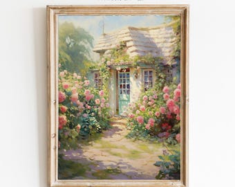 素朴なコテージガーデンプリント ヴィンテージ油絵 壁アート 春 農家の装飾 コテージコアアート イギリスの田舎 印刷可能 628