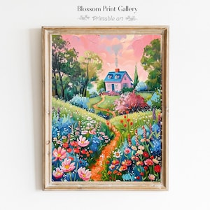 Abstrakte Landschaft Wand Kunst Bauernhaus Dekor Bunt Wohnzimmer Wandkunst Lebendige Landschaftsdruck Blumengarten Bauernhaus PRINT 764