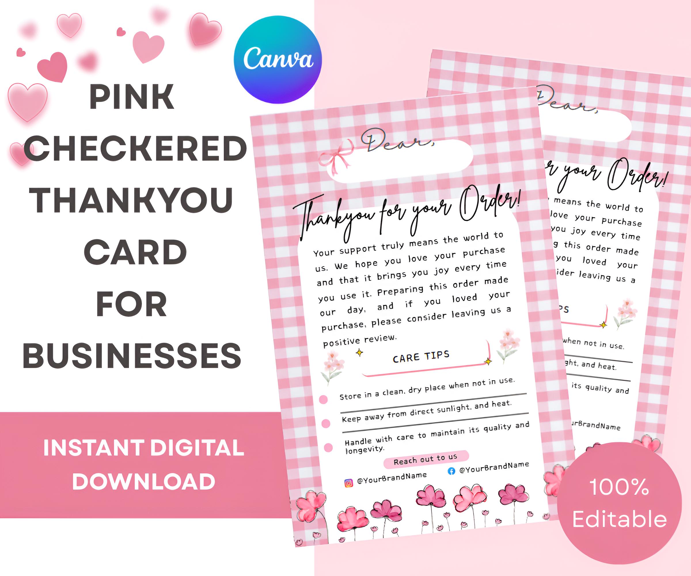 Pink Thankyou for Your Order Card, Printable Customer Thank You Card ...