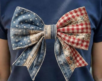 USA Faux Bow Patchwork Png, Coquette 4th of July Faux Patchwork PNG, Patriotic Bow Shirt Design, American Png, USA 250th Anniversary