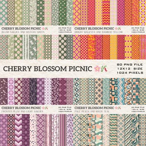 May include: A collection of digital papers with various patterns and colors, including floral, geometric, and striped designs. The papers are labeled "Cherry Blossom Picnic" and include text such as "Blush Sakura and Matcha Green" and "Bright Magenta and Bamboo Yellow."