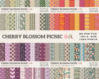 Cherry Blossom Picnic Digital Paper Bundle | 80 Seamless Floral Patterns | Spring Scrapbook, Printable Backgrounds, Digital Download PNG