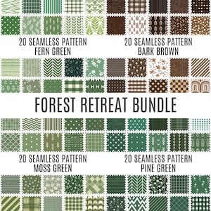 Puede incluir: Una descarga digital de 80 patrones sin costuras en cuatro paletas de colores: verde helecho, marrón corteza, verde musgo y verde pino. Los patrones son perfectos para proyectos de manualidades, scrapbooking y diseño digital.