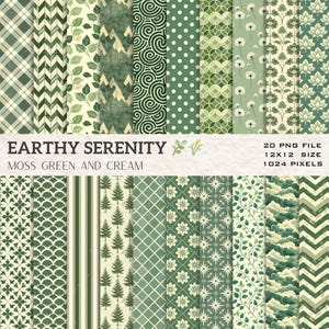 Op de afbeelding: 20 digitale papierontwerpen in mosgroen en crème. De patronen omvatten geometrische vormen, bladeren, bloemen en strepen. Elk ontwerp is 12x12 inch en 1024 pixels.
