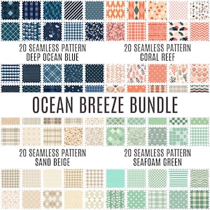Peut inclure: Un collage numérique de 80 motifs sans couture en quatre palettes de couleurs : bleu océan profond, récif corallien, beige sable et vert mousse. Les motifs présentent diverses formes géométriques, des motifs floraux et des motifs nautiques.