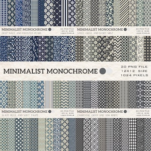May include: A set of 20 digital papers in a minimalist monochrome design. The papers showcase diverse patterns in blue, grey, and white tones. Each paper measures 30.48 x 30.48 cm and 1024 pixels. The text "Minimalist Monochrome" is visible.