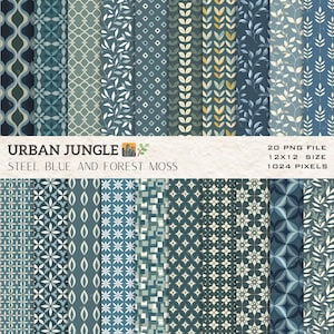 May include: A set of 20 digital paper patterns in shades of blue and green. The patterns include geometric shapes, leaves, and floral designs. The papers are 12 inches by 12 inches and have a resolution of 1024 pixels. The text "URBAN JUNGLE" and "STEEL BLUE AND FOREST MOSS" is displayed at the top of the image.