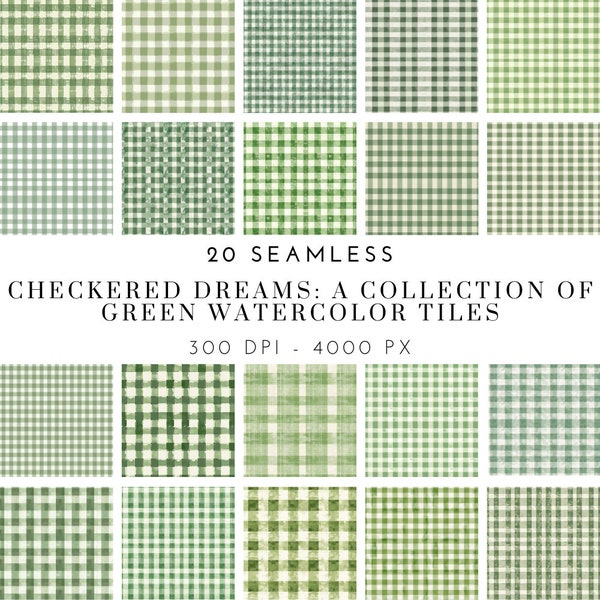 Green Watercolor Checkered Digital Paper Pack - Seamless Gingham Patterns for Scrapbooking, Crafts & Backgrounds