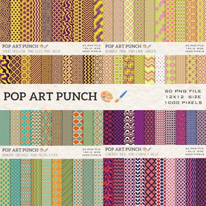 May include: A digital collection titled POP ART PUNCH featuring 80 PNG files with various geometric, wavy, and floral patterns in color palettes including yellow and purple, pink and green, orange and cyan, and red and blue.