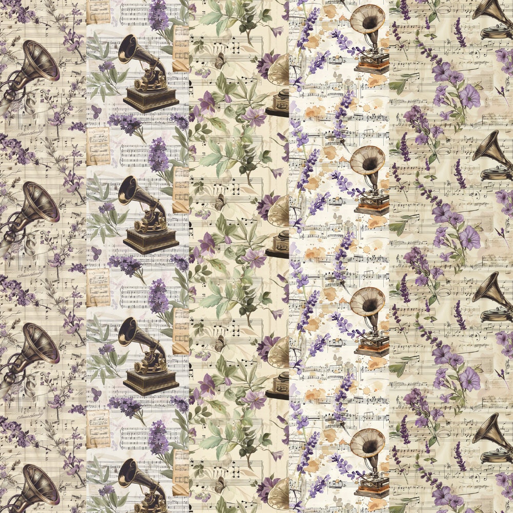 Vintage Music Floral Paper, Seamless Gramophone Lavender Patterns ...
