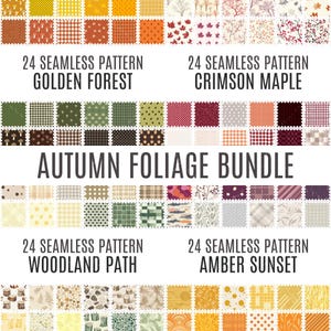 May include: A digital collage of 96 autumn-themed seamless patterns. The patterns are arranged in four groups of 24, each with a title: "Golden Forest", "Crimson Maple", "Woodland Path", and "Amber Sunset".