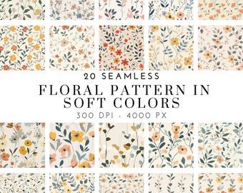 Könnte beinhalten: 20 nahtlose Blumenmuster in sanften Farben. Die Muster zeigen verschiedene Blumendesigns mit Blättern und Blüten in Gelb-, Orange-, Rosa-, Blau- und Grüntönen auf cremefarbenem Hintergrund.