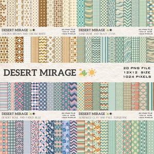 Pode incluir: Coleção de pacotes de papel digital com vários padrões e cores, rotulados como "Desert Mirage". Os pacotes incluem designs em marrom dourado, branco creme, areia, ciano empoeirado, rosa deserto, azul desbotado, argila ao sol e turquesa pálido. Cada pacote contém 20 arquivos PNG, 30.48 x 30.48 cm.