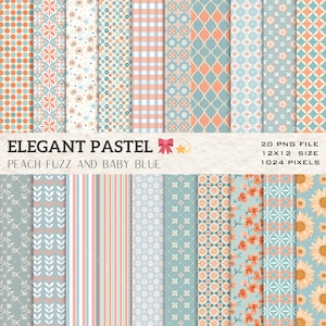 May include: A set of 20 digital paper patterns in peach and blue colors. The patterns include geometric shapes, floral designs, and polka dots. The papers are 12x12 inches and 1024 pixels in size.  "Elegant Pastel Peach Fuzz and Baby Blue"