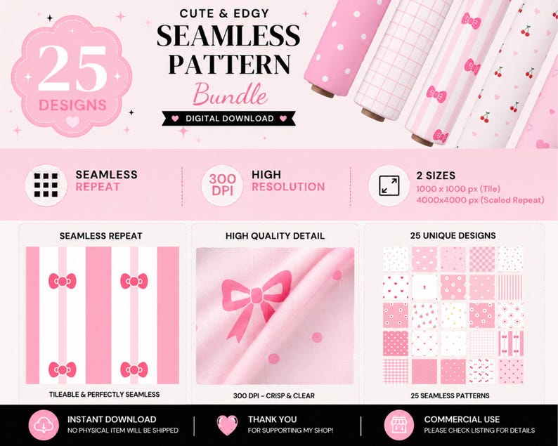 Pink Coquette Seamless Pattern Bundle PNG | Cute Bow Digital Paper Pack ...