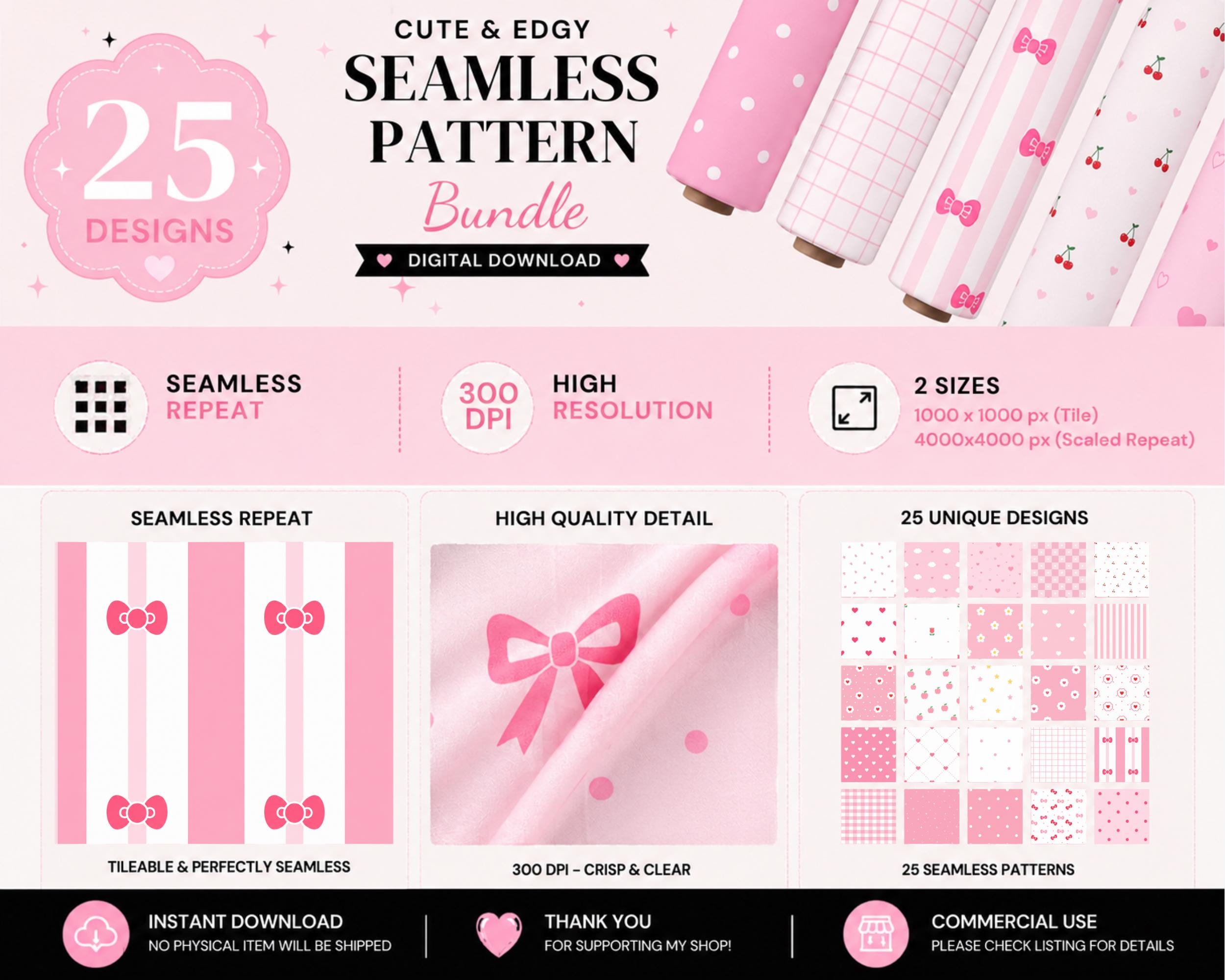 Pink Coquette Seamless Pattern Bundle PNG | Cute Bow Digital Paper Pack ...